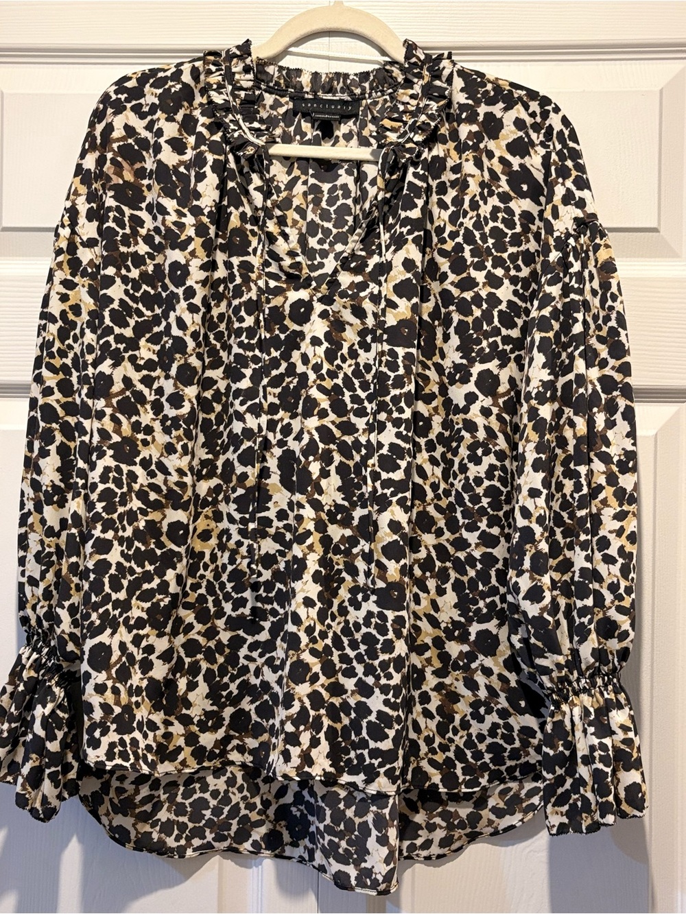 Sanctuary Leopard Print Peasant Boho Tie Neck Flowy Long Sleeve Blouse Sz L